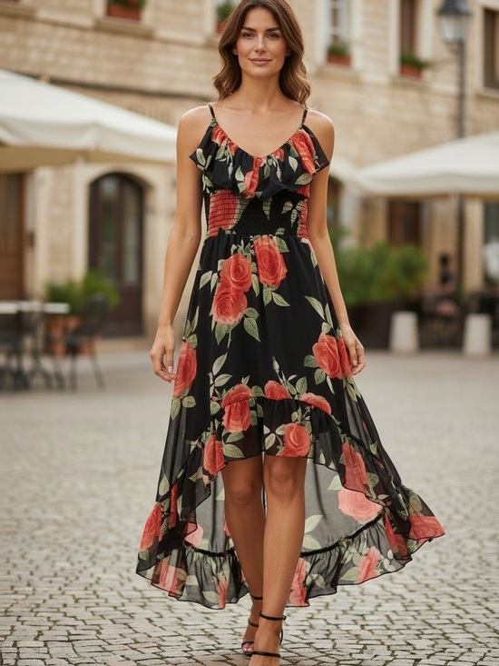Dresses & Skirts - Floral Ruffle High-Low Summer Dress - Black with Red Rose Print